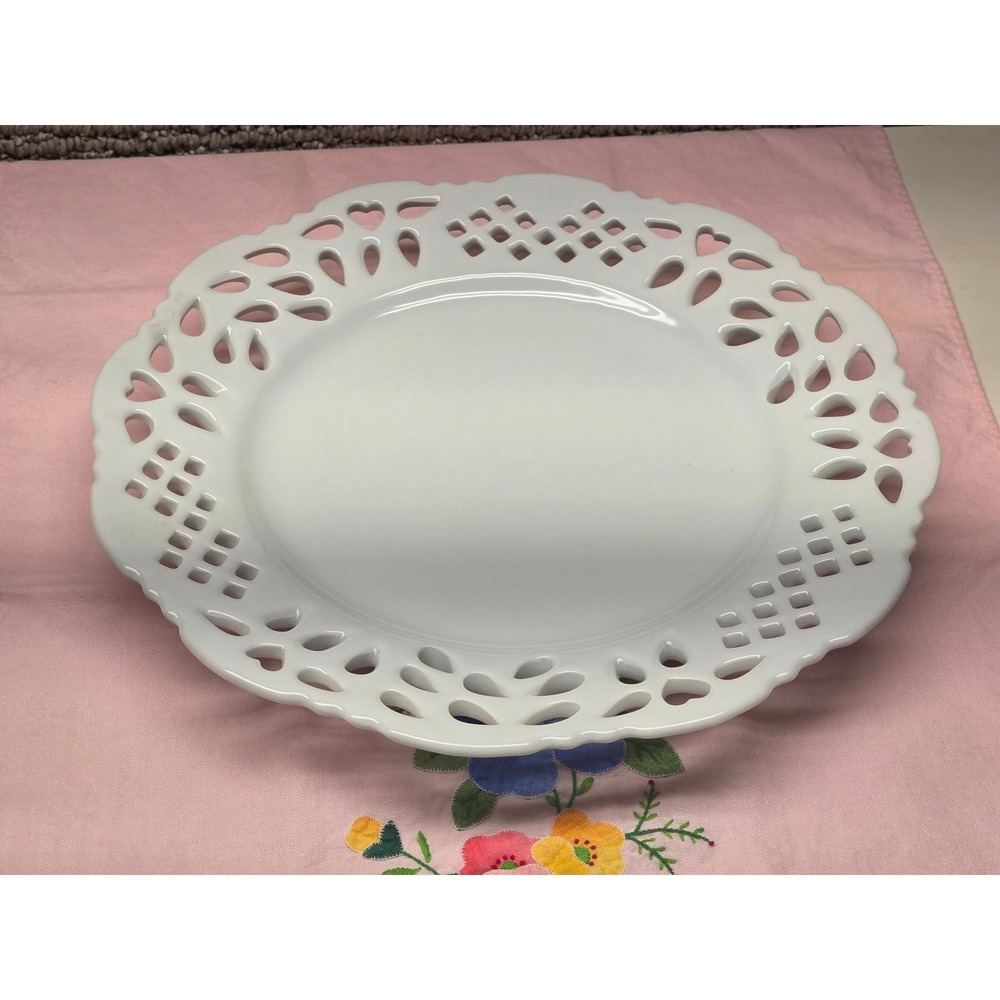 Two's Company White Porcelain Reticulated Heart Lattice Edge Plate 10 Inch